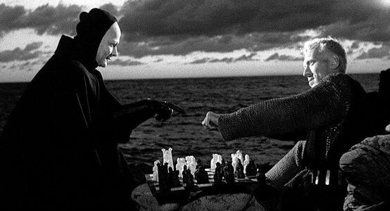 Death and Life : Seventh Seal. Ingmar Bergman. Death appears to Life (knight) and tells him it is his time. The knight challenges Death to a chess game for his life. The Knight and Death play as the turmoil envelopes the people around them as they try, in different ways, to deal with the upheaval.