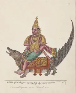 Varun, god of the water and the ocean and guardian of the west, riding on a Makar.