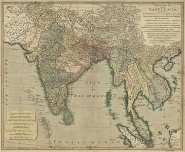 A new general map of the East Indies - exhibiting in the Peninsula on this side of the Ganges, or Hindoostan, the several partitions of the Mogul's Empire and the dominions of the English East India. James Rennell. Dated: 1794.