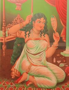 Pramoda Sundari images depict a woman sitting with several grooming products, brushing her hair while holding a mirror before her face.