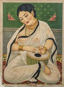 Nalini Sundari. Wearing expensive jewellery and ghungroo on her right foot, is depicted playing a bayan tabla, a percussion instrument.