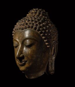 Head of Buddha, Thailand, Sukhothai Kingdom. Gilt Copper Alloy  14th Century.