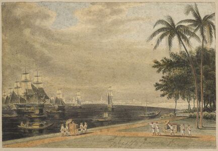 Representational Engraving of Calcutta strand where ships used to land and Stock Trading took place