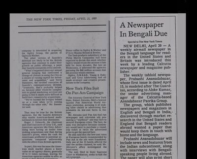 Prabasi - Ananda Bazar | Interview in New York Times | April 1989