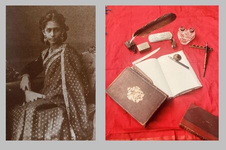 Protibha Debi, granddaughter of Debendranath Tagore at her writing desk. Writing materials of date on right exhibited at NAARI.