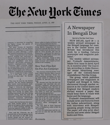 Interview in New York Times pertaining to 'Prabasi Anandabazar' - A weekly airmail newspaper in the Bengali language for  readers in the United States and Britain introduced in April, 1989.