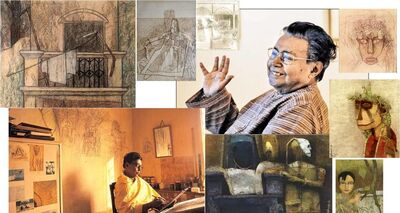 A collage of Ganesh Pyne and his work