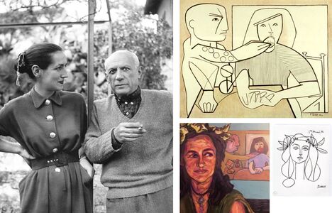 Françoise Gilot and Pablo Picasso . The Painting: Adam Forcing Eve to Eat an Apple. Jeff Wrench's Painting of Françoise Gilot with the painting Adam forcing Eve to Eat an Apple. A sketch of Françoise Gilot by Picasso.