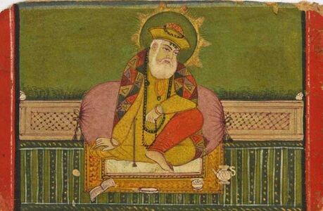 Guru Nanak. Regenerated top left and right-hand corner to repair damage.Punjab. Between 1828 and 1830.